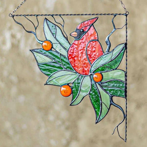Cardinal Corner Branch Suncatcher Stained Glass House Decor Green Leaf Window Wall Decoration