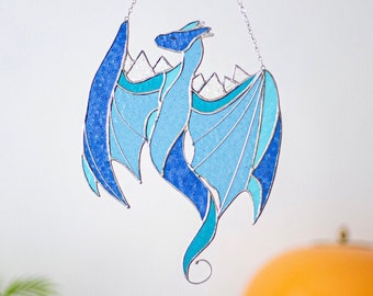 Dragon Hanging Stained Glass Sun Catcher Blue Bird mystical Suncatcher Gift Farmhouse Home House Decor Window Wall Animal
