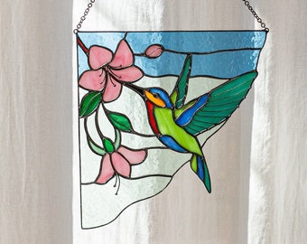 Stained Glass Art Corner Hummingbird Flower Suncatcher Ornament Home House Decor Window Wall Decoration Boho Nature Art Picture