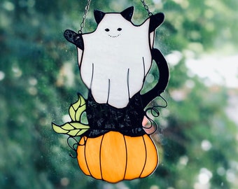 Mystical Ghost Cat on pumpkin Stained Glass Suncather. Halloween decor, wall sun catcher