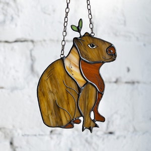 Stain glass capybara, window hanging, wall glass art, funny stained glass, cottagecor fall decor