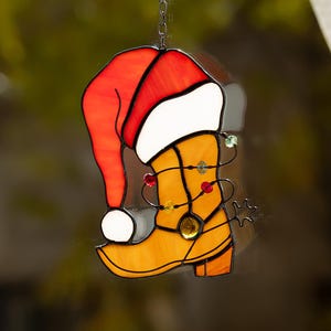 Christmas Cowboy Boot Suncatcher Stained Glass Window Decoration Holiday Western Decor Gift Festive Home