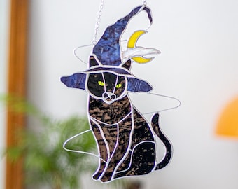 ハロウィンのステンドグラス、神秘的な猫と魔女の帽子、サン
