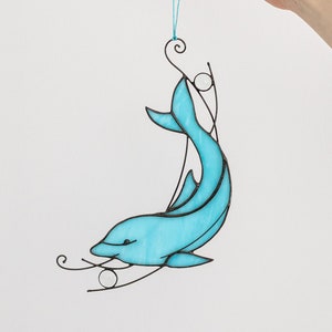 Stained Glass Dolphin. Blue Suncatcher Home House Decor. Window Wall Decoration Sea Sun Catcher