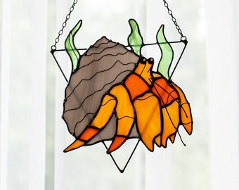 Hermit crabs Stained Glass Сrab Suncatcher. House Home Decor. Window Wall Hangings. Pendant Cling