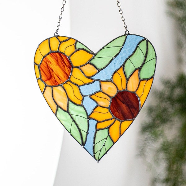 Coeur en verre teinté tournesol attrape-soleil fleurs attrape-soleil cadeau pour une mère décoration d'intérieur fenêtre tentures murales décoration art