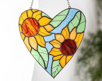 Heart Stain glass Sunflower Suncatcher Flowers Sun Catcher Mother's gift Home Decor Window Wall Hangings Decoration Art