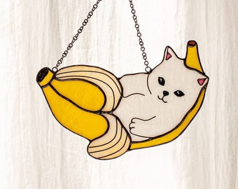 Cat in banana Stained Glass Suncather. Kitchen decor, funny wall sun catcher, nursery decor, window hangings, Mother's Day gift