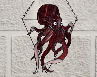 Red Octopus Stained Glass Halloween Suncatcher. Window Wall Hangings. Creepy Home Decor kraken tentacles