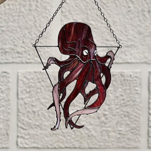Red Octopus Stained Glass Halloween Suncatcher. Window Wall Hangings. Creepy Home Decor kraken tentacles