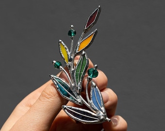 Laurel Branch Brooch. Stained Glass Broach. Accessories Jewelry Pin Leaf. Mother's Small Gift