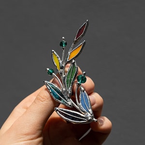 Laurel Branch Brooch. Stained Glass Broach. Accessories Jewelry Pin Leaf. Mother's Small Gift