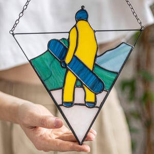 Christmas snowboarder Sun Catcher mountains Gift Home Decor Window Wall Stained Glass Picture. New Year gift