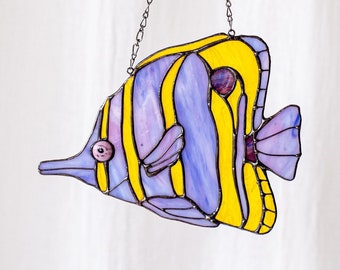 Purple Fish Stained Glass Suncatcher. Yellow House Home Decor. Window Wall Hangings. Cling