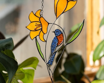 Stained Glass Bluebird & Yellow Tulip Window Hanging, Floral Suncatcher, Bird Lover Gift