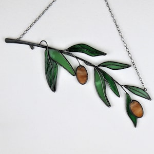 Green Olive Branch Suncatcher Stained Glass Leaf Mothers day gift from son Home Decor Window Wall Decorations Hanging Mediterranean