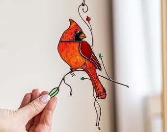 Stained Glass Bird Cardinal Suncatcher Grandma Mother's Day Gift Farmhouse Home House Decor Window Wall Hangings Animal