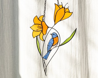 Bird Stained Glass Suncatcher Flower, Window Wall Hangings, Grandma Gift Woman Girl House Home Decor Mothers Day Gift