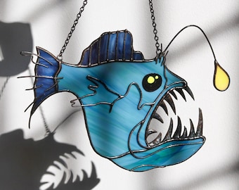 Angler Fish Devil fish Suncatcher Stained Glass Decor Blue Home House Window Wall Hangings Cling Halloween Gift