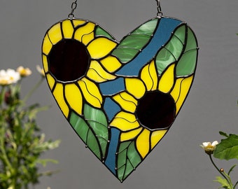 Heart Stained glass Sunflower Suncatcher Flowers Sun Catcher Mother's gift Window Wall Hangings Art, teacher gift, thank you gift