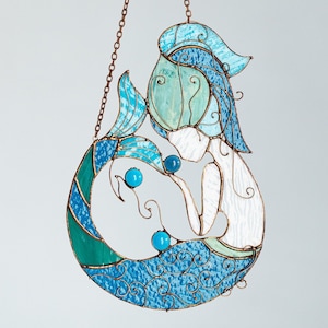 Mermaid Suncatcher Stained Glass Nixie Decor Blue Water Nymph Home House Window Wall Hangings Cling Ornament Gift House