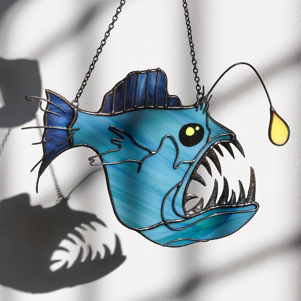 Angler Fish Devil fish Suncatcher Stained Glass Decor Blue Home House Window Wall Hangings Cling Halloween Gift