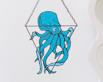 Blue Octopus Stained Glass Suncatcher. House Home Decor. Window Wall Hangings. Halloween Creepy Cling kraken tentacles, Ocean wall art