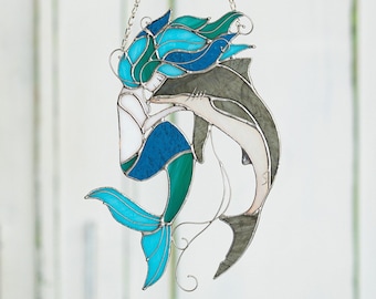 Mermaid shark Suncatcher Stained Glass Nixie Decor Blue Water Nymph Home House Window Wall Hangings Cling
