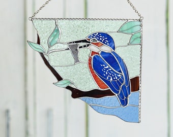 Stained Glass Art Corner Kingfisher Suncatcher Ornament Home House Decor Window Wall Decoration Boho Nature Art Picture