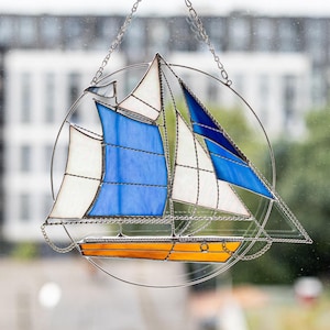 Stained Glass Suncatcher sailing ship. Window Wall Decoration. Sailing vessel Blue Home House Decor. Decorations. Sun Catcher