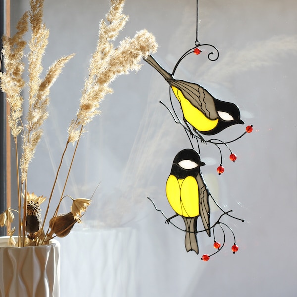 Couple oiseau mésange vitrail attrape-soleil panneau ferme maison décoration de la maison fenêtre tentures murales ornement animal. uvres d'art pour le salon