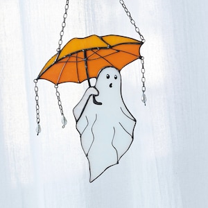 Mystical Funny Ghost with Umbrella Stained Glass Suncather. Halloween decor, wall sun catcher