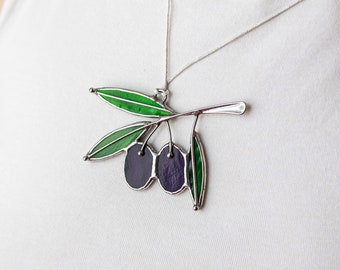 Purple Violet Necklace Olive Branch. Stained Glass Green Pendant Nature Ornament Decorations