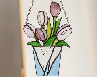 Mum Bouquet Flower Tulips Stained Glass Suncatcher Home House Decor Flowerpot Window Wall Hangings Living room art, grandma mother's gift