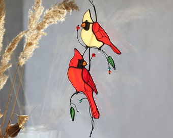Cardinal ornament Couple Red Stained Glass Bird Suncatcher Panel Gift Farmhouse Home House Decor Window Wall Hangings Animal Ornament