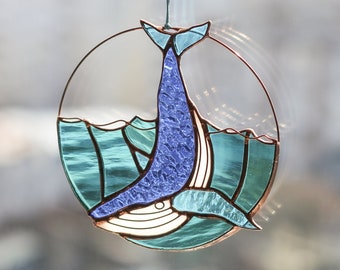 Stained Glass Suncatcher Whale. Blue Sun Catcher Home House Decor. Window Wall Decoration Pendant