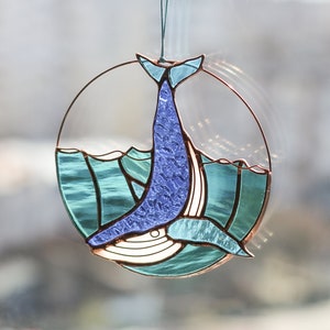 Stained Glass Suncatcher Whale. Blue Sun Catcher Home House Decor. Window Wall Decoration Pendant