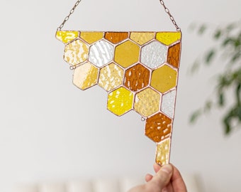 Mother's Day gift, Yellow Corner Honeycomb Bee Suncatcher, Stained Glass Home House Decor Window Wall Decoration Boho Art Picture