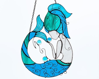 Mermaid Suncatcher Stained Glass Nixie Decor Blue Water Nymph Home House Window Wall Hangings Cling Ornament Gift House