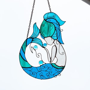 Mermaid Suncatcher Stained Glass Nixie Decor Blue Water Nymph Home House Window Wall Hangings Cling Ornament Gift House