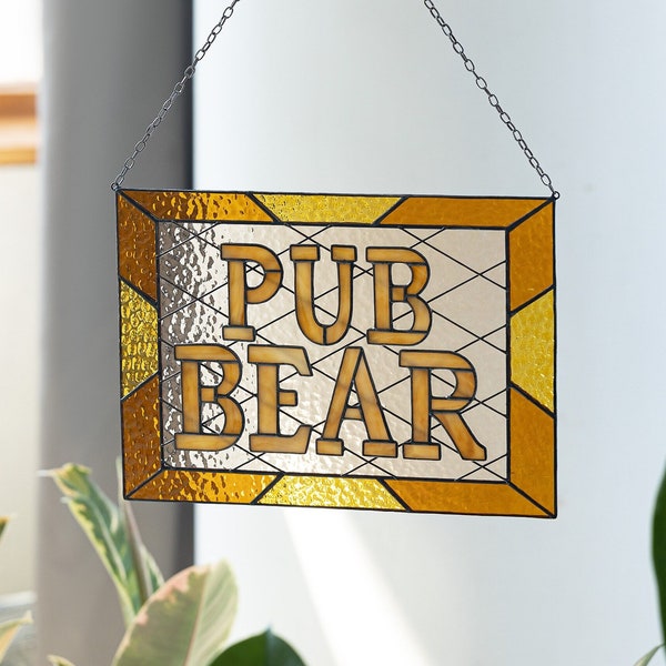 Custom stained glass name pub sign suncatcher address personalized name cling housewarming gift Beer Mug Hangings Logo Bar Symbol Restaurant