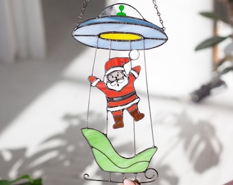 Christmas Santa Claus alien Stained Glass New Year Suncatcher Funny Home Decor Window Wall Hangings Holiday Ornament Gift House Decoration