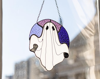 Stained Glass Ghost Suncatcher – Halloween Window Decor, Purple Wings
