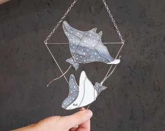 Devil fish Stained Glass Stingray, manta ray Suncatcher. Gray House Home Decor. Window Wall Hangings. Creepy Cling Ocean Sea