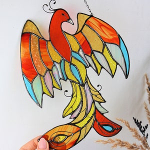Rainbow phoenix mystical burning appears ashes bird Stained Glass Suncatcher Panel Farmhouse Home Decor Window Wall Hanging Animal
