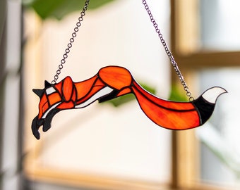 Stained Glass Red Fox Suncatcher Home Decor Window Wall Hanging Decoration Animal, Mother's Day gift