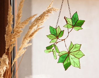 Green Canadian Leaf Sun Catcher Suncatcher Stained Glass Home House Decor Window Wall Decoration Nature Art Living room