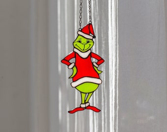 Grinch suncatcher stained glass, wall window hangings, Sun catcher stained glass Christmas decor art, Funny New year decor