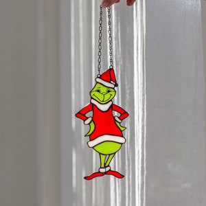Grinch suncatcher stained glass, wall window hangings, Sun catcher stained glass Christmas decor art, Funny New year decor