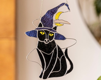 Halloween Stained Glass Mystical Cat witch hat Suncather. Black funny decor, wall window hangings sun catcher moon